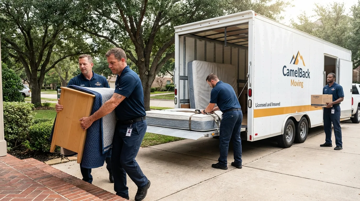 Crew loading residential truck for cross-state move from Compton, CA