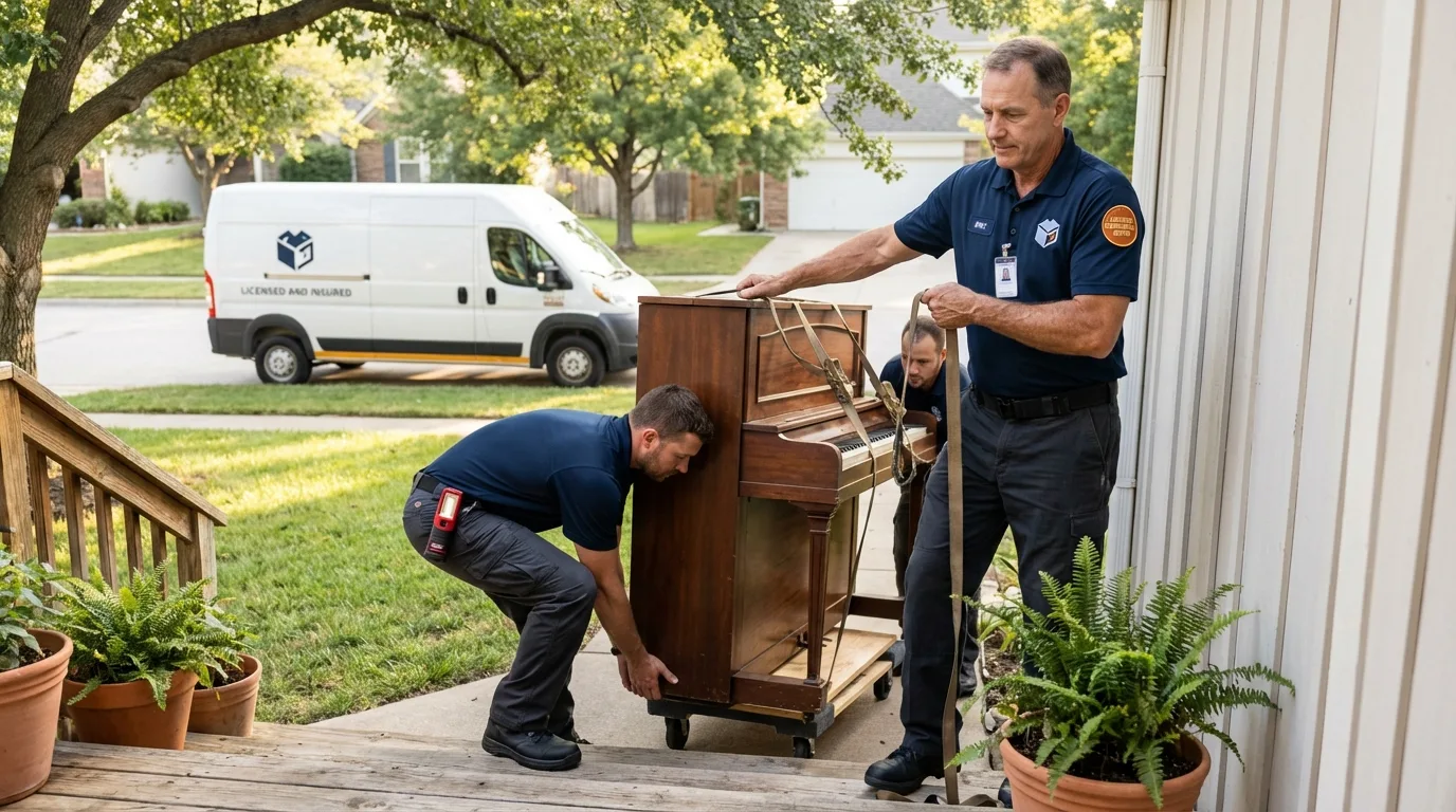 Licensed piano movers securing grand piano in Compton, CA