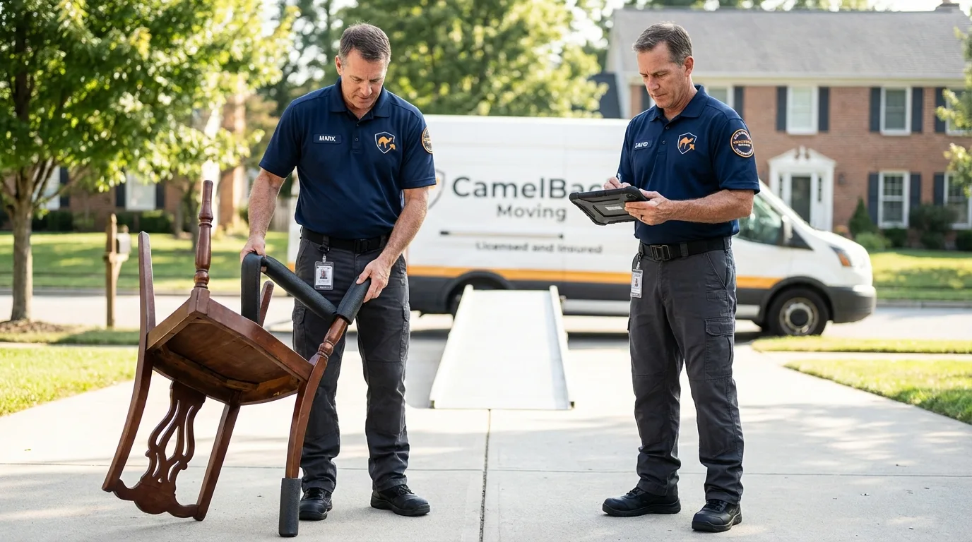 Movers inspecting furniture for damage prevention before loading in Compton, CA