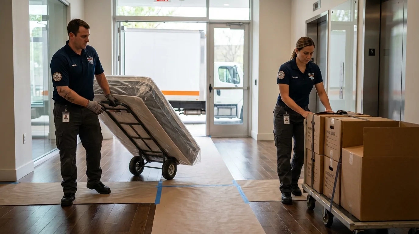 Professional apartment movers loading elevator in Compton, CA
