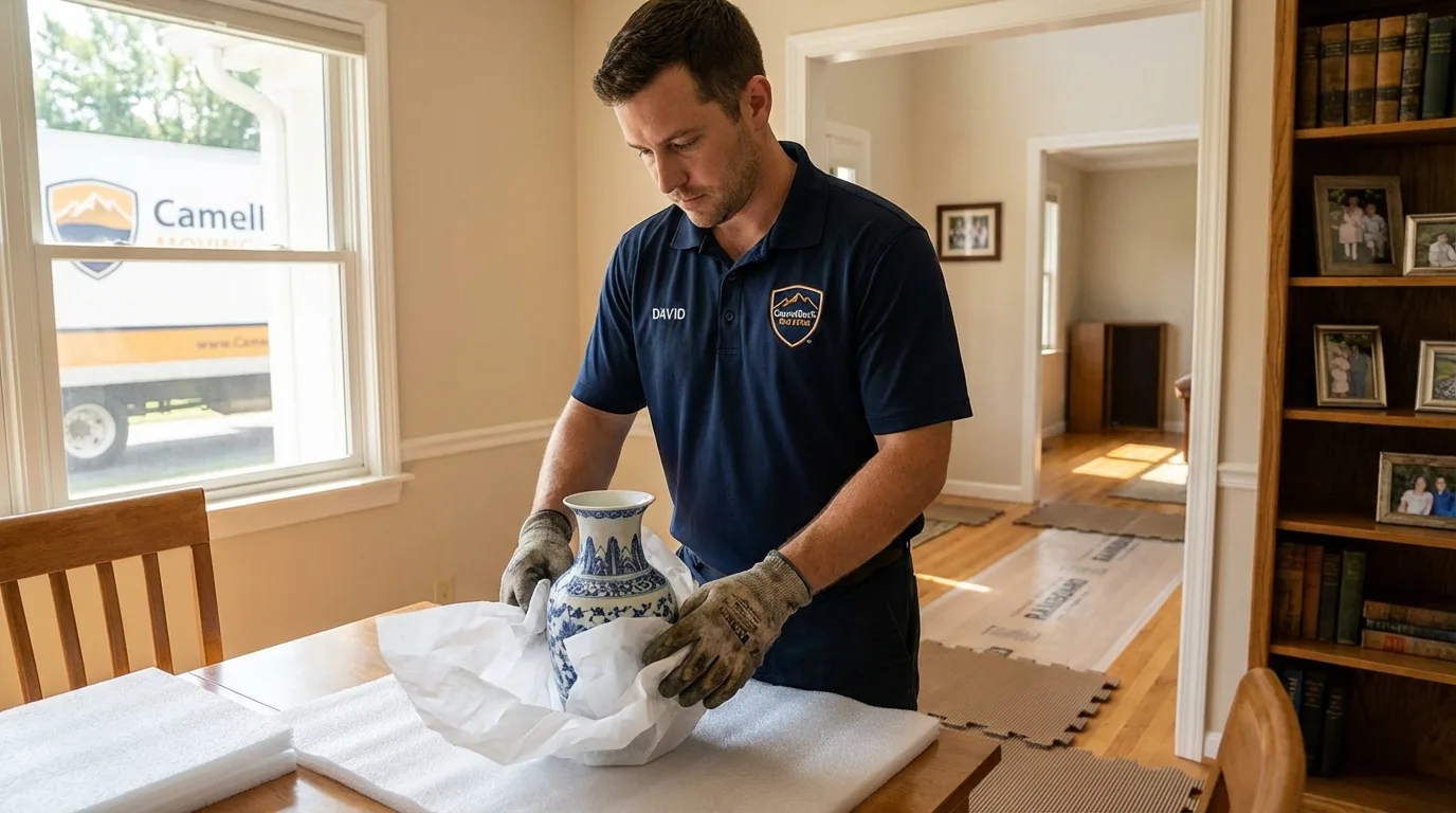 Professional crew carefully wrapping antique vase for senior downsizing move in Compton, CA
